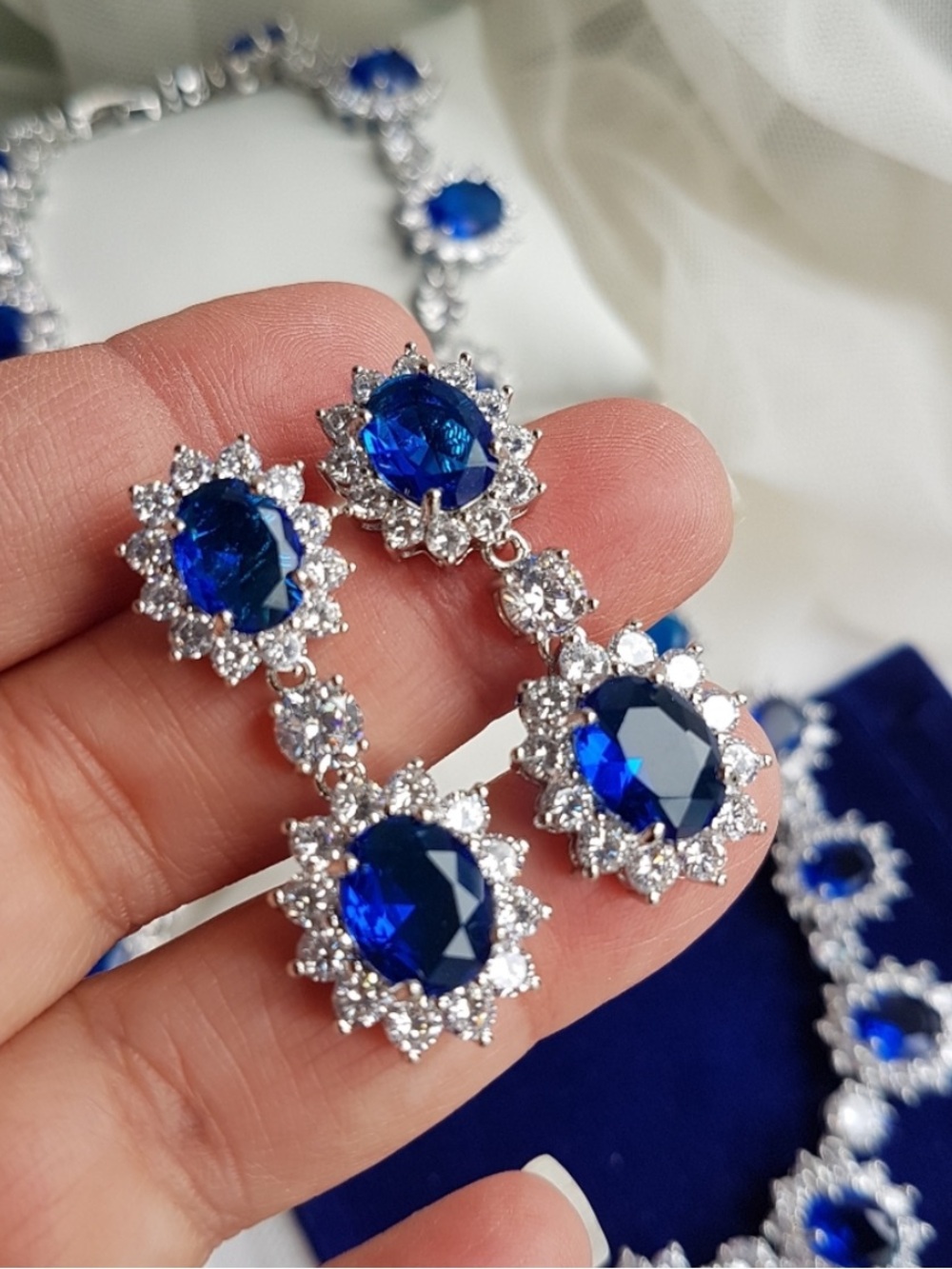 Swarovski Elements Platinum Plated Sapphire Blue Diana Drop Earrings NEW